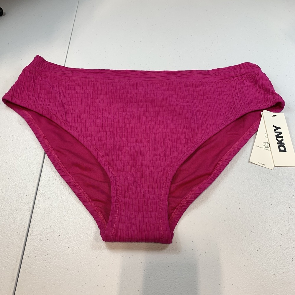 DKNY Women's Swim Bikini Bottoms L Pink Textured High Waist Tummy Compression